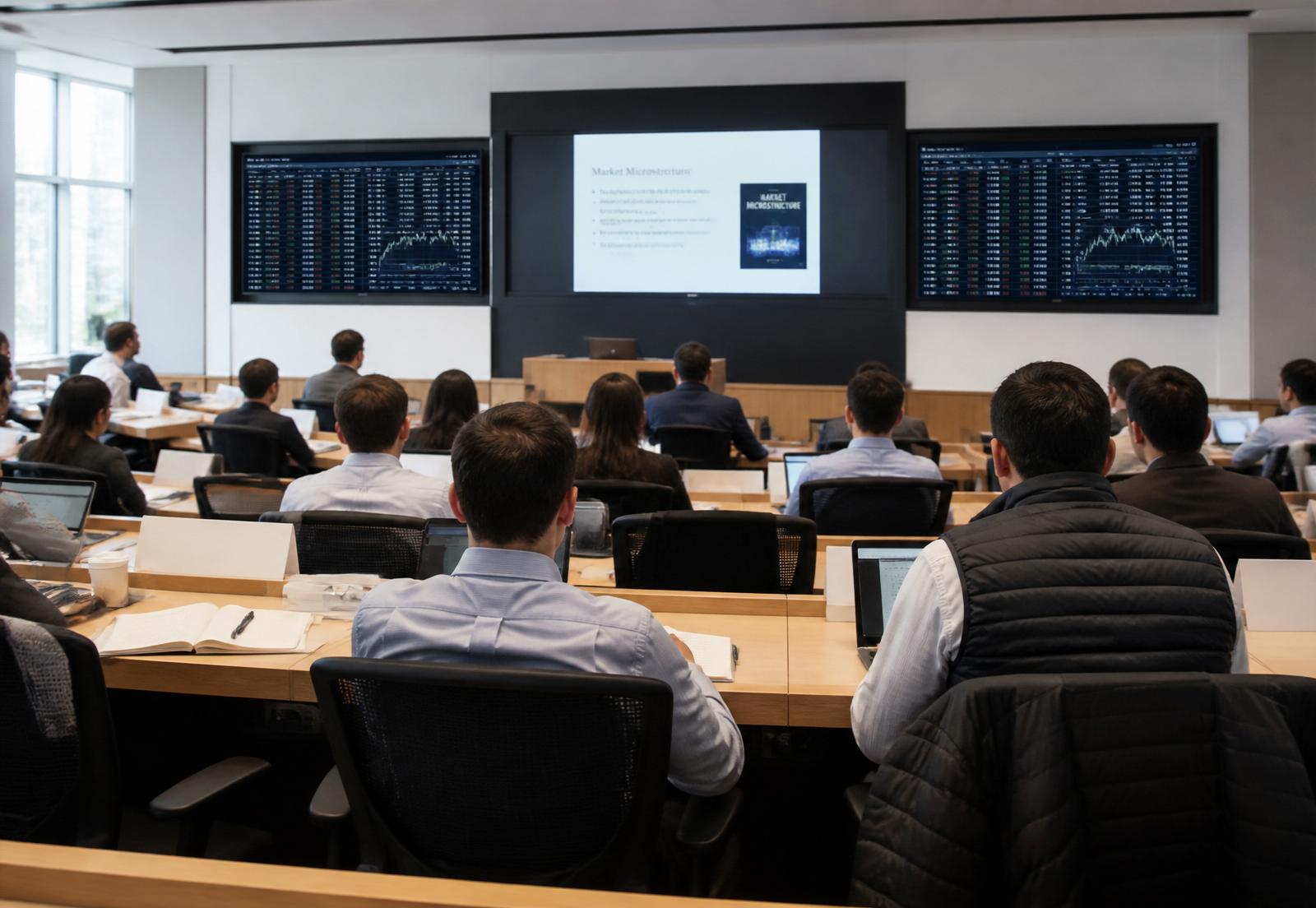 Adult professionals studying market microstructure in a modern classroom